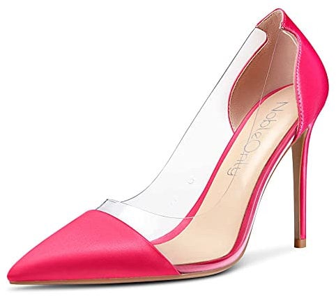 NobleOnly Femme Escarpins Transparent Aiguille Talon 10CM High Heels Rose Satin Chaussures EU 37