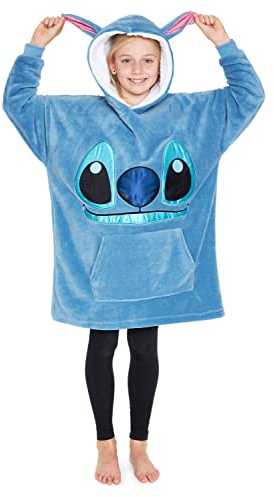 Disney Stitch Kapuzenpullover Mädchen, Übergroße Hoodie Decke Kinder mit Sherpa-Kapuze und Kängurutasche One Size (Blau Stitch)