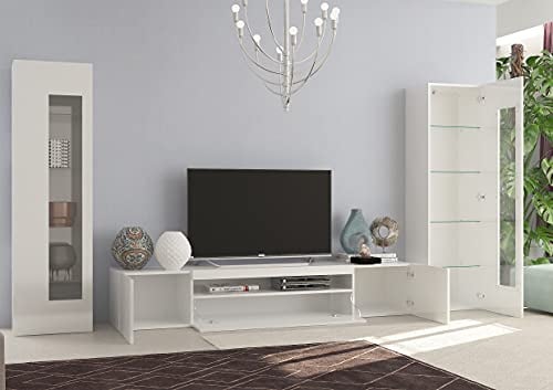 Dmora Parete attrezzata Enzo, Set Salotto Porta TV, Mobile Soggiorno Multiuso, 100% Made in Italy, cm 290x40h162, Bianco Lucido