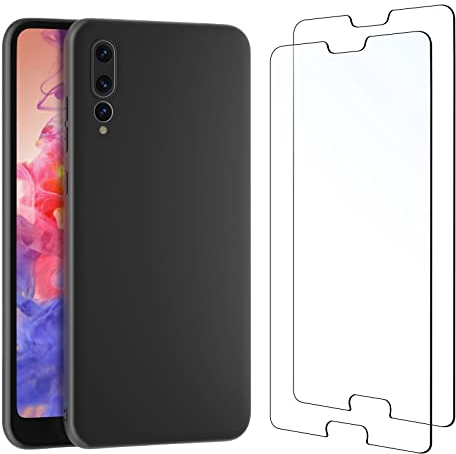 NEW'C Cover per Huawei P20 Pro in silicone custodia ultra sottile nero e 2 × vetro temperato per Huawei P20 Pro, pellicola protettiva per schermo