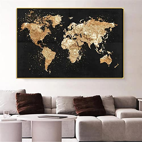 Schwarz Gold Abstrakte Weltkarte Leinwand Malerei Poster und Drucke Moderne Wandkunst Bild für Wohnzimmer Dekor Wandbild27.5x39.3(70x100cm) Kein Rahmen