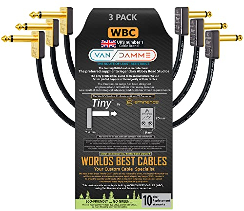 Van Damme Pro Grade Classic XKE - 3 unidades - 10 CM - OFC chapado en plata, flexible, blindado para guitarra, bajo instrumento, pedal Patch Cable w/Eminence Tiny chapado en oro en ángulo TS
