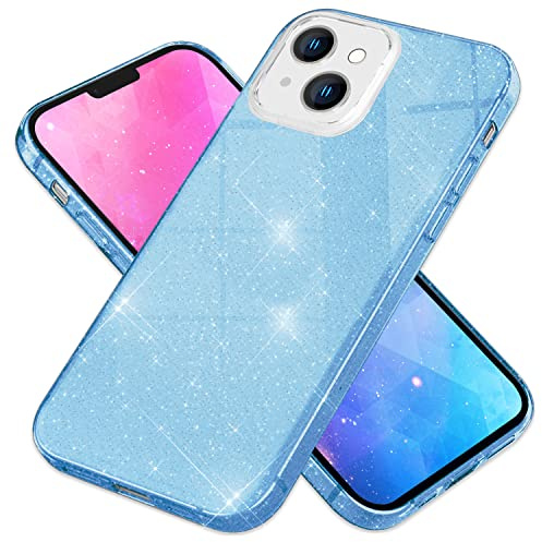 NALIA Glitzerhülle für iPhone 14 - Grip - Hülle, Blau | Partikel fest im Material eingeschlossen, 3-Schicht-Schutzaufbau mit Hardcase-Kern, Erhöhter Kamerarand, SHINEPOP