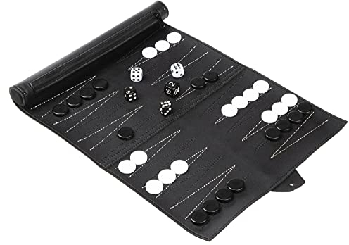Gravidus Kompaktes Reise-Backgammon Set - Ideal für Urlaub, Camping & unterwegs - Spielbrett zum Einrollen, mit Tasche - Schwarz, Kunstleder - 26 x 35 cm
