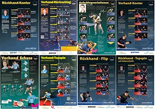 VDTT Tischtennis Zubehör | Tischtennis Lernen mit Waldner, Boll, Ovtcharv und co | 8-teiliges DIN A 1 Poster-Set zur Erlernung der Grundtechniken