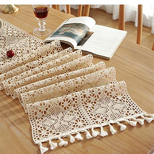 SYSUII Tischläufer Makramee für Hochzeit, 30 * 140CM Quasten Tischläufer Vintage Beige Elegante Hohle Mesh Tischdecke Häkelspitze Boho Tischdecke Tischband für Küche Vintage Bauernhaus Tabletop Dekor