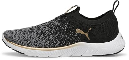 PUMA Damen Softride Remi Slip-on Knit Wn's Road Running Shoe, Puma Black Puma Gold Cool Dark Gray, 38.5 EU