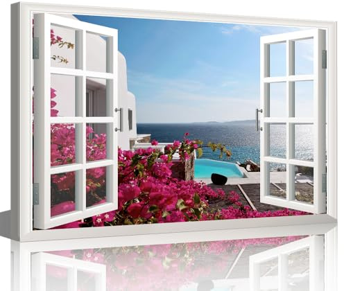 TISHIRON Stampa artistica da parete su tela effetto finestra 3D con vista sul mare, decorazione moderna per soggiorno, camera da letto, cucina, quadri incorniciati da appendere alle pareti, 30 x 45 cm