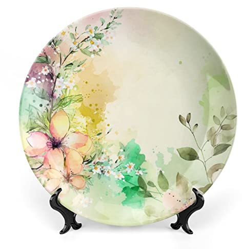 Gokays Decorative Plates, Watercolor Spring Floral Painting Ceramic Dinner Plate Home Wobble-Plate with Display Stand, Wall Hanging Decor for Living Dining Room Kitchen Household 18 CM