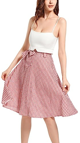 Femme Taille Haute Carreaux Jupe été Élégant A-Line Casual Party Midi Jupe Plissée Evasée Jupe Jumelé avec Ceinture L