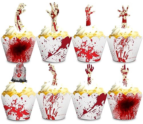 BOOSHMall 48 Stück Halloween Cupcake Topper, Muffin Deko, Horror Tortendeko für Party Kuchen Käseplatte Vorspeisen Dekor