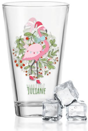 GRAVURZEILE Wasserglas mit UV Druck Weihnachtsmotiv - Personalisiert mit Name - Winterflamingo - Weihnachtsdeko - Geschenke für Jungen und Mädchen - Zum Wichteln und als Geschenk für Kinder