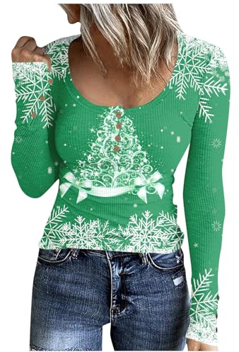 Azruma Kaschmir Pullover Damen Halloween Pullover Damen Wolldecke Mit Ärmel Erwachsene Frauen Lustiges Weihnachten Drucken Langarm Button Down Henley Sweatshirt Pullover Gelb (3-Green, 3XL)