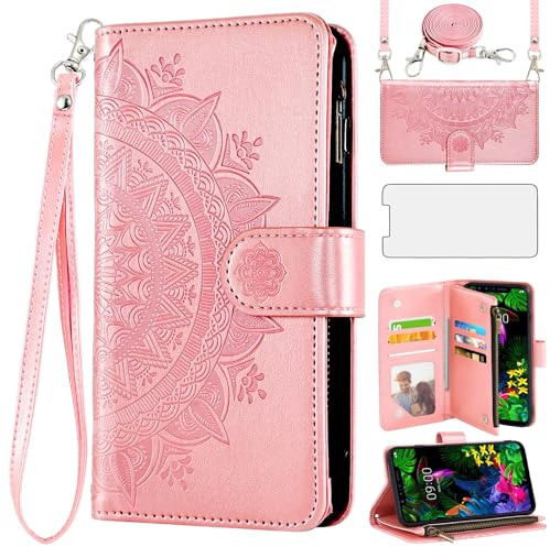 Asuwish Handyhülle für LG G8s ThinQ Hülle mit Band und Folie Schutzfolie Kartenfach Klappbar Leder Blumen Geldbörse Ständer G 8s LMG810 Reißverschluss Handyhüllen Schutzhülle Phone Case Rosegold