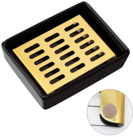 YOCZOX Soap Dish Holder Stainless Steel Soap Holder with Ceramic Seat Silicone Anti-Slip Pads Nordic Style Soap Tray for Bathroom Shower Kitchen Organized, Double Layer Draining, Gold+Black