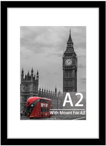 Tinkeps A2 Black Picture Frame - Engineered Wood and Plexiglass, A2 Frame with A3 Mount for A2/A3 Prints, Photos, and Posters, Wall Mountable - A2(42x59.4cm) Poster Frame