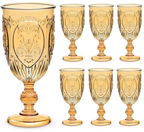 Wiwiqing 6 Pcs Plastic Wine Glasses Vintage Goblets,Amber | Embossed Vintage Goblets, 7.5oz Capacity, For Wedding Receptions, Baby Showers, Bar Parties, Juice Water Wine Serving