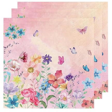Wekuw Servietten Blumen Frühling, 40 Stück Servietten Frühlingsmotiv 33x33cm Servietten Rosa Servietten Schmetterling Servietten Pastellfarben für Mädchengeburtstag Party Tischdekorationen