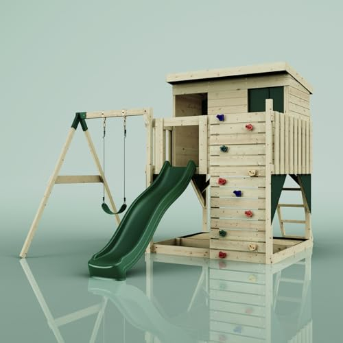 PolarPlay Spielturm Tjorven aus Holz in Grün Kinderschaukel