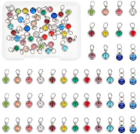 UNICRAFTALE 48 unidades de 12 colores 304 colgantes de acero inoxidable con piedras de nacimiento de diamantes de imitación colgantes con anillos curvados para pulseras, pendientes, collares,
