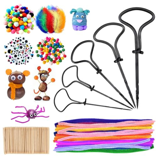 Leonshco Kastanien Bastelset Kinder, 365 Tlg Bastelset Herbst Kinder, 1,5-5 mm Kastanienbohrer Set mit Zahnstocher, Wackelaugen, Pompons und Pfeifenreiniger für Herbst Deko und DIY Kreatives Basteln