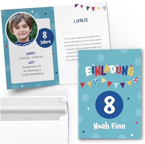 10 Einladungskarten Kindergeburtstag personalisiert mit Text und Foto | Blau Party Jungen | Kinder Geburtstag Einladung individuell anpassbar mit Umschlägen