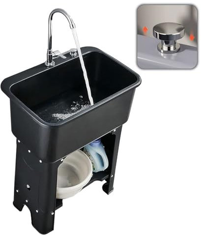 DSKJHI Lavandino da Esterno Autoportante, Lavatoio Lavanderia in Plastica con Magazzinaggio e Rubinetto, ASSE Lavapanni, Scarico Pulsante, Facile da Montare(Black,40x40x76.5cm/15x15x30)