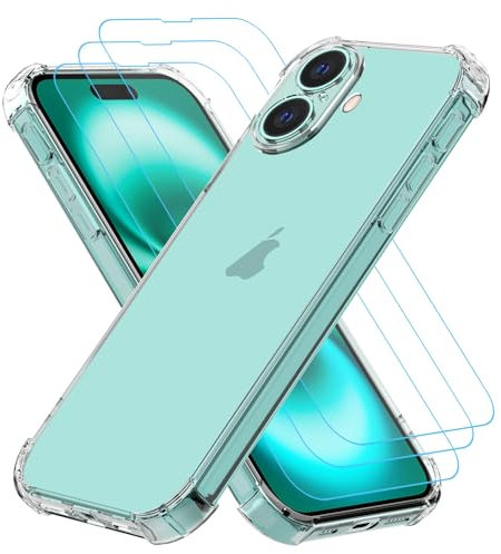 Totill 4 in 1 Case for iPhone 16 with [3 Pack] Tempered Glass Screen Protectors, Crystal Clear Phone Cover, Scratchproof and Shockproof, Transparent Basic Case, 360° full protection