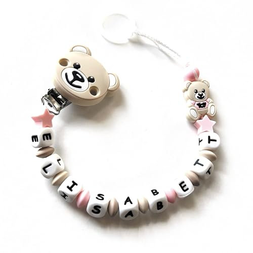 Catenella Portaciuccio con Nome, Catenina Porta Ciuccio Personalizzata Compatibile con ogni Succhietto (TOY beige ROSA)