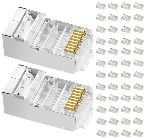Hugwait 50 Pcs Connecteur RJ45 CAT6/CAT5/CAT5E, 1Gbps Embout de Connecteur Blindé RJ45 8P8C, Connecteur Sans Outil pour Transmission de Données Haute Vitesse Ethernet