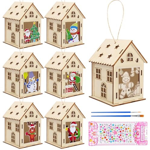 TYXHXTF 7PCS Weihnachtshaus Basteln Kinder, Weihnachten Deko Bastelset, DIY Holzbastelset zum Bemalen, Weihnachten Bastelset, Bastelset Kinder für Jungen Mädchen