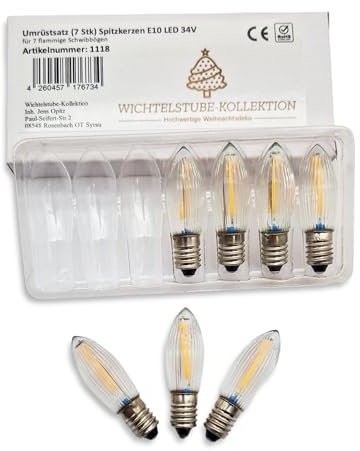 Wichtelstube-Kollektion Energiesparendes Set 7Stk, E10 34V 3W, E10 LED Ersatzkerzen 0,3W Ersatzlampen für Lichterbogen, LED Kerzen für Schwibbogen, sparsam, Warmweiß, langlebig (E10 34V 0,3Watt)