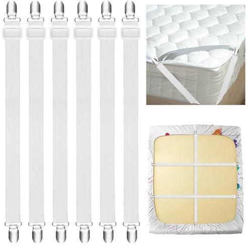 Hopton Lot de 6 pinces à draps élastiques réglables de 60 à 200 cm avec clips métalliques pour drap-housse, matelas, planche à repasser et canapé, sans plis, blanc