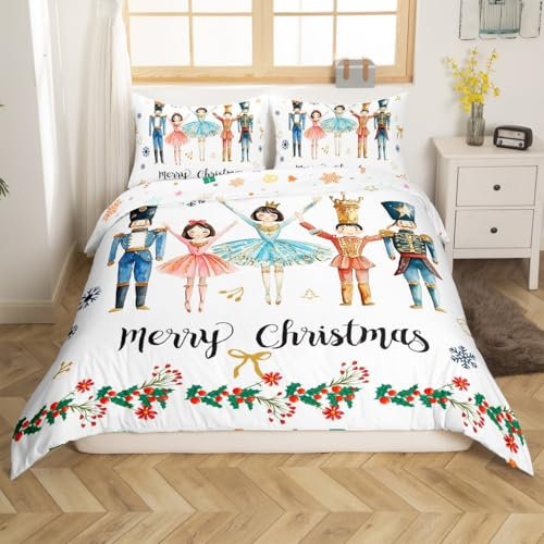 Loussiesd Christmas Nutcracker Comforter Cover Set Super King Xmas Cartoon Nutcracker Bedding Set for Boys Girls Children Ballet Bedding Duvet Cover Set Room Decor Soldier Prince Fairy Bedspread 3Pcs