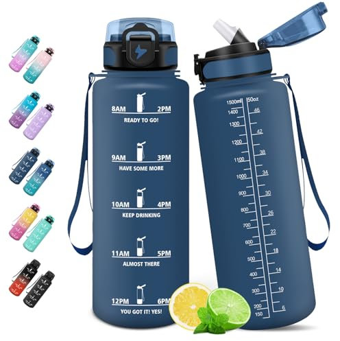 HoneyHolly Botella Agua Gimnasio 1.5L, con Pajita, con Marcador de Tiempo, Botella de Agua Deportiva, Prueba de Fugas, Cantimplora para Escuela, Senderismo, Fitness