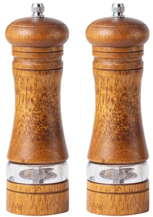 2PCS Salt and Pepper Grinder, 6.42 Inch Wooden Salt and Pepper Mill Set with Adjustable Ceramic Grinding and Transparent Acrylic Window, Refillable Spice Grinders Mills for Kitchen or Dining