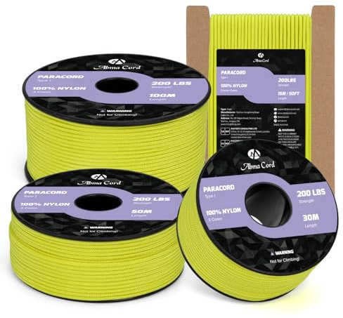 Abma Cord 2mm Paracord 15m Nylon Rope 3 Strands Type I Cord for DIY, Camping, Outdoor - Max. 90kg (200lbs) - Neon Yellow