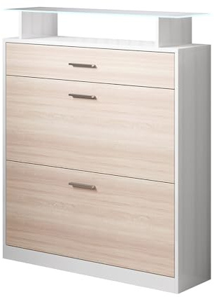 MB Muebles Bonitos | Flurmöbel mit Schuhschrank | Breite 89 x Höhe 105 x Tiefe 24 cm | Glasablage mit LED | Glänzendes Melamin | Farbe Weiß und Sonoma | Schuhregal für die tür | Modell Paola