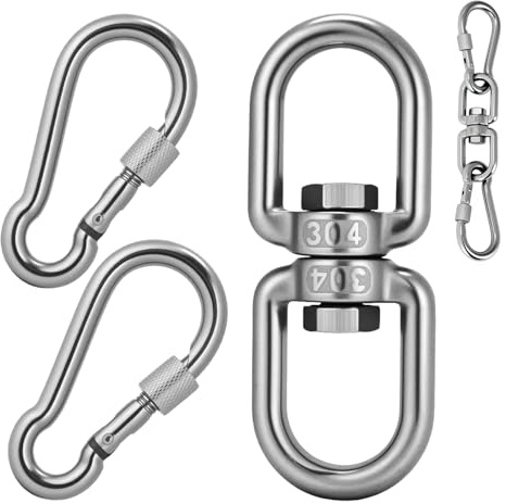 Silver 2+1 Heavy Duty 304 Stainless Steel Swivel Ring Double Ended Swivel Eye Hook with SUS304 Snap Hooks for Web Tree Swing, Swing Spinner Hanger, Reliable and Safe (M8)