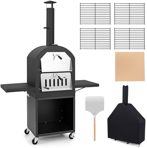 PNAJFUEL Forno per Pizza a Legna, Forno per Pizza da Esterno con Cassetto Raccogli Cenere Rimovibile, Ripiano e Pietra per Pizza/Black/116 X 44 X 170 cm (L X W X H)