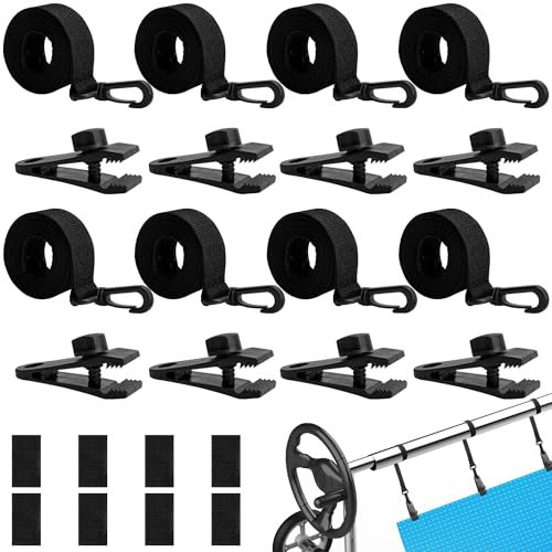 Yallmie Lot De 8 Attaché Bache Piscine, Kit Fixation Bache Piscine Universelle Comprenant Pince Crocodile pour Bache Piscine Sangle pour BâChe De Piscine, RéSistantes Attache Bache à Bulle Piscine