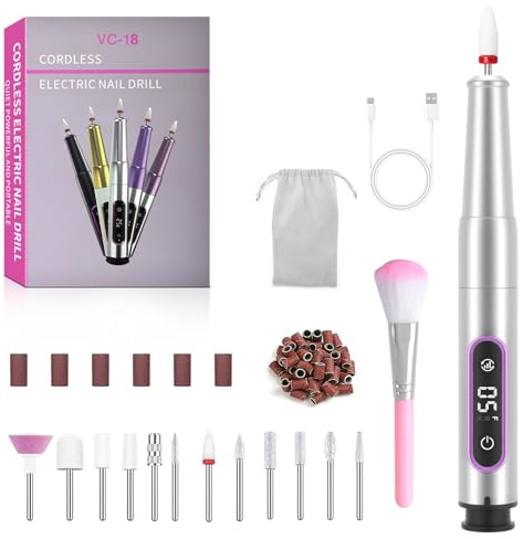 Electric Nail Drill 25000 RPM 12 in 1 Kit Cordless Rechargeable Electric Nail File for Acrylic & Gel Nails, LCD Display, Adjustable Speeds, Manicure & Pedicure Tool Kit
