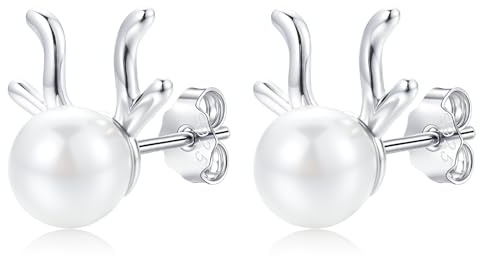 Estrellique Silber 925 Weihnachten Ohrstecker für Damen, 925 Sterling Silber Schneeflocken Rentier Ohrstecker mit Perle, Klein Schlafen Knorpel Ohrringe mit Zirkon, Weihnachts Schmuck mit Geschenkbox