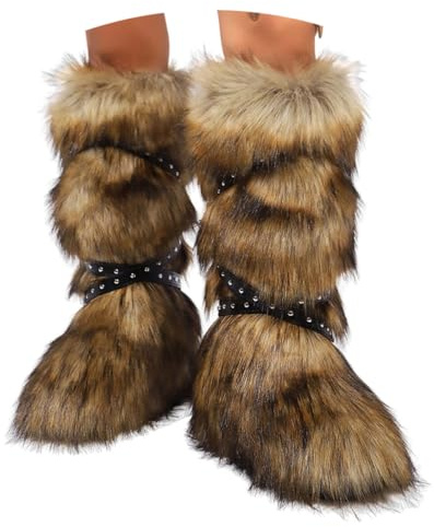 ORANDESIGNE Femme Bottine en Peluche Fourrure Hiver Bottes de Neige Plate Bottines Fourrées Y2K avec Boucle de Ceinture A Marron Foncé 44 EU