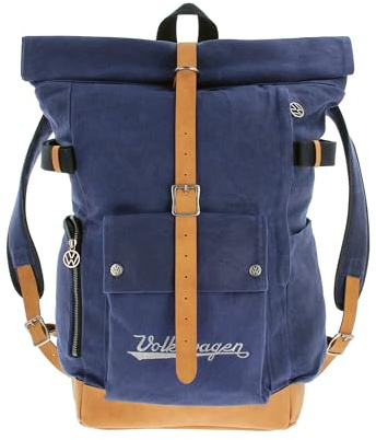 BRISA VW Collection - Rolltop Outdoor Reise-Wanderrucksack Herren Damen | Volkswagen Backpack Camping, Größenverstellbar Gepolstert Robust, Wasserabweisend Segeltuch & Echtes Rindsleder, Blau
