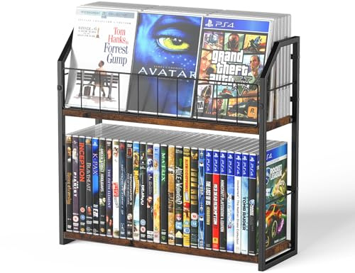 TJ.MOREE Scaffale per DVD a 2 ripiani con capacità di 56 dischi in vinile, stile industriale retrò, in acciaio al carbonio/legno, salvaspazio