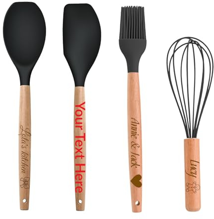 Custom Engraved Wooden Handle Silicone Spatula, Add Name/Text Egg Beater, Scraper, Spoon Shovel, Barbecue Brush, Personalised Kitchen Utensil Gift Non Stick Cookware, Baking Tool for Cake Making