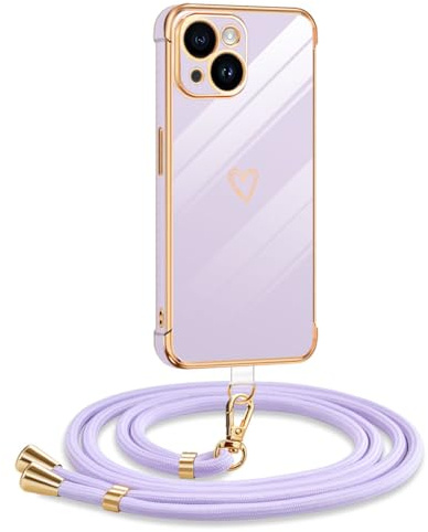 Mkej Hülle Kompatibel mit iPhone 14 Hülle mit Band, Galvanik Silicone Handyhülle mit Herz Love Design, Abnehmbar und einstellbar Handykette für iPhone 14, Violett