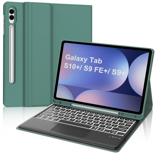 Occtingkind Hülle mit Deutscher QWERTZ-Tastatur für Samsung Galaxy Tab S10 Plus 12,4 Zoll (2024), S9 Plus (2023), S9 FE Plus (2023) - mit 7-Farben-Beleuchtung und Trackpad, Bluetooth, Smaragdgrün