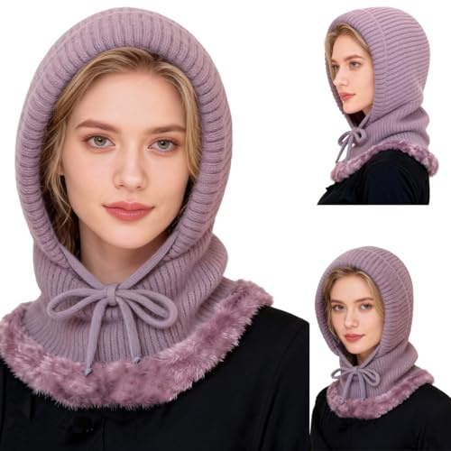 JYIXXZX Sturmhaube Mütze Damen Plüsch, 3-In-1 Sturmhauben Mütze mit Schal Und Maske, Winter Warm Strickmütze Halswärmer Sets, Winddichter Verstellbare Balaclava für Frauen für Täglich und im Freien